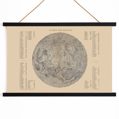 Detailed lunar surface illustration and poster with labeled features titled Map of the Moon by The Institute of Liepzig artwork, with wooden magnetic frame on white background