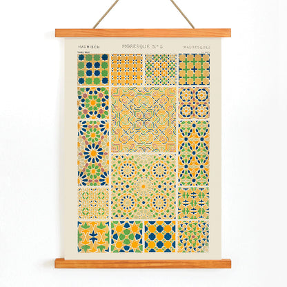 Moresque 5 vintage pattern by Owen Jones with colorful geometric tile designs from Grammar of Ornament book, with wooden magnetic frame on white background