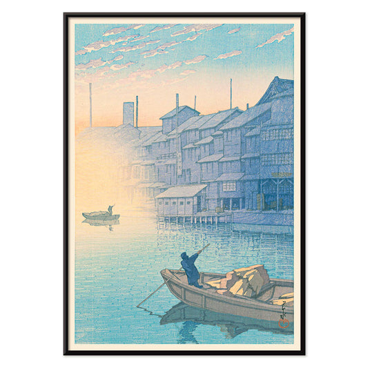Morning at Dotonbori by Kawase Hasui serene river scene with boats and wooden houses at dawn Japanese art poster, with black aluminium frame on white background