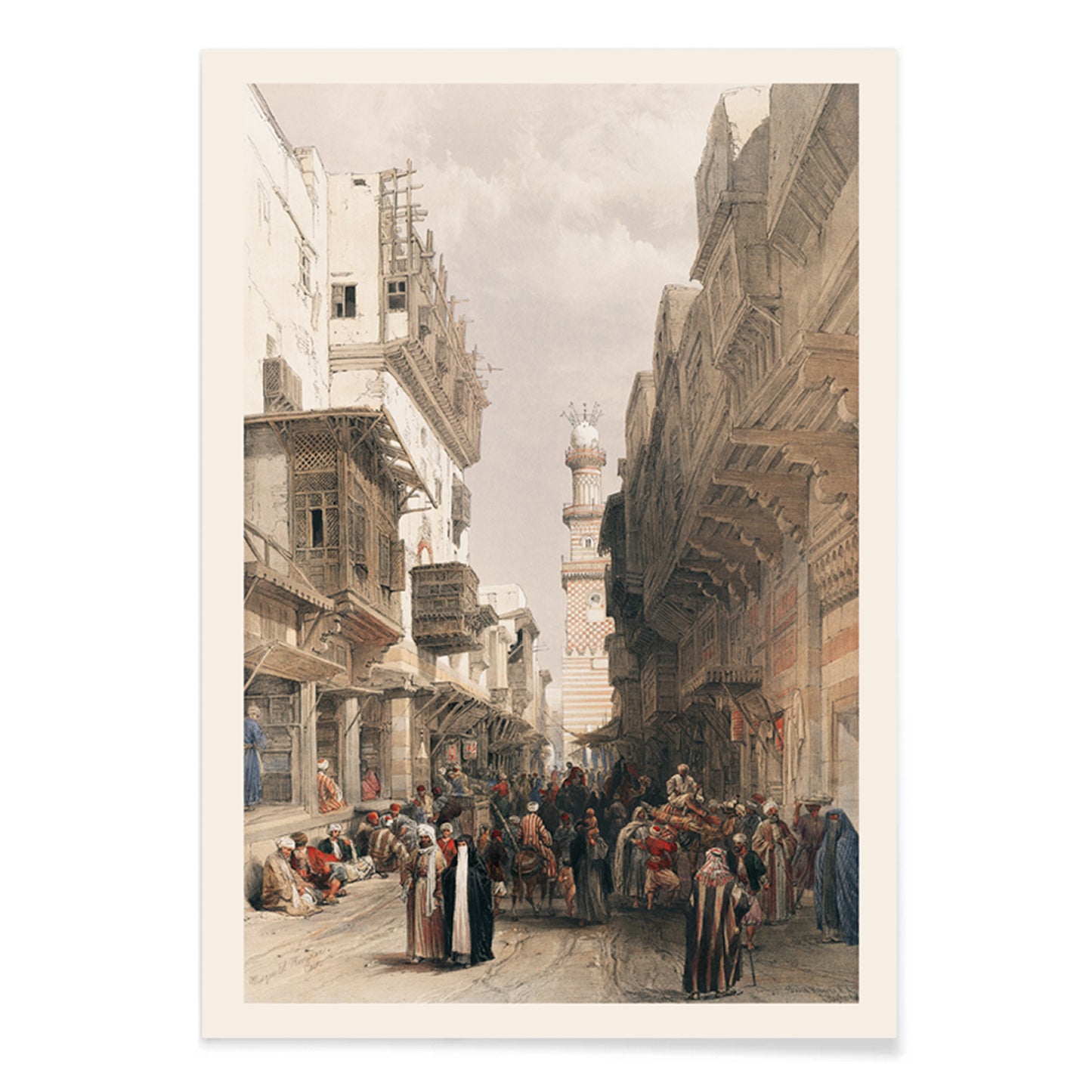Bustling Cairo street scene with Mosque The Mooristan and people illustrated by David Roberts, with black aluminium frame on white background