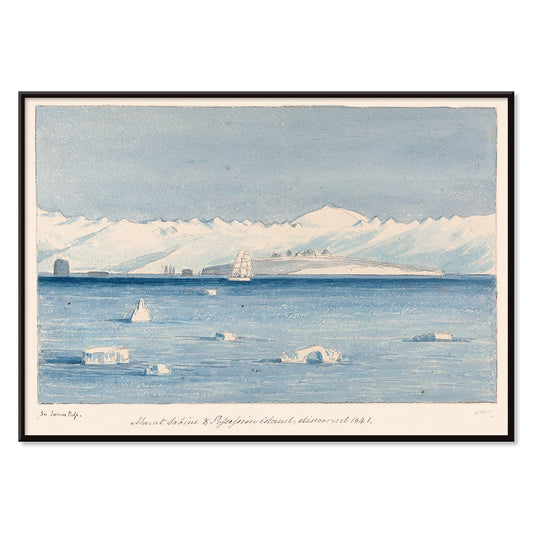 Mount Sabine and Possessions Island painting and poster by Charles Hamilton Smith showing icy waters a ship and distant mountains, with black aluminium frame on white background
