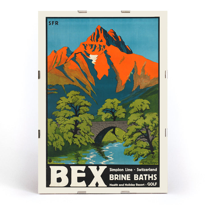 Colorful vintage Swiss mountain landscape with stone bridge and river artwork Bex Brine Baths by Aime Felix Nicollerat, framed and displayed in modern living room decor