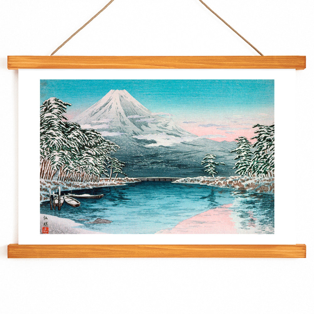 Snow covered Mount Fuji with river trees tranquil lake boats and pine trees Mt Fuji from Tagonoura by Takahashi Hiroaki Japanese landscape art, with wooden magnetic frame on white background