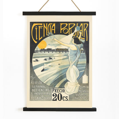 Art Nouveau poster of a woman in a white dress holding a torch and laurel branch with science themes Ciencia Popular by F Sagrista, with wooden magnetic frame on white background