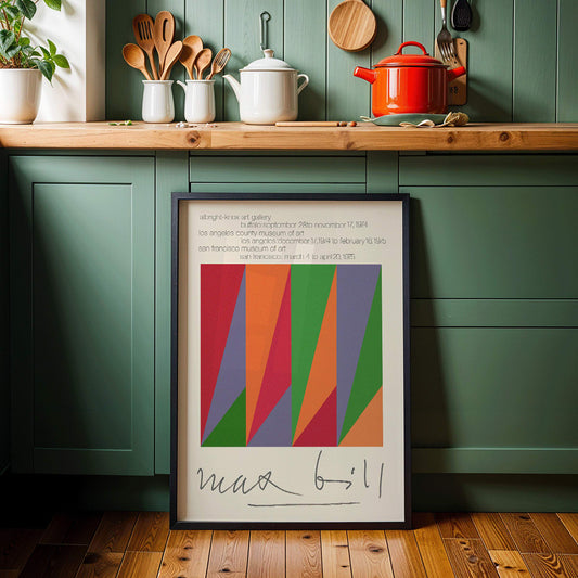Colorful geometric design and shapes by Max Bill on serigraph silkscreen exhibition poster titled Serigraph Silkscreen with signature in black frame, framed and displayed in home decor