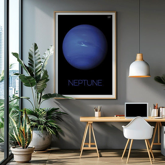 NASA poster of Neptune showing a detailed blue planet against a black background with the title Neptune at the bottom, framed and displayed in home decor