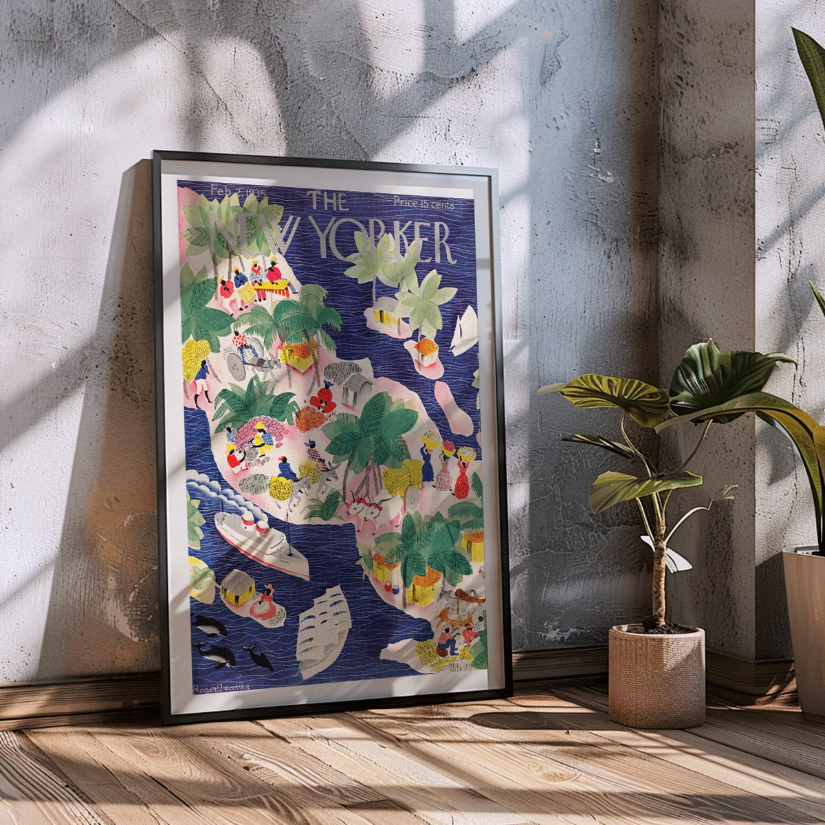 Colorful tropical island scene with people huts boats and palm trees in watercolor style illustration by Roger Duvoisin for The New Yorker, framed and displayed in modern living room decor