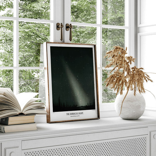 Night sky with zodiacal light and stars by E L Trouvelot poster featuring luminous band and silhouetted trees, framed and displayed in home decor