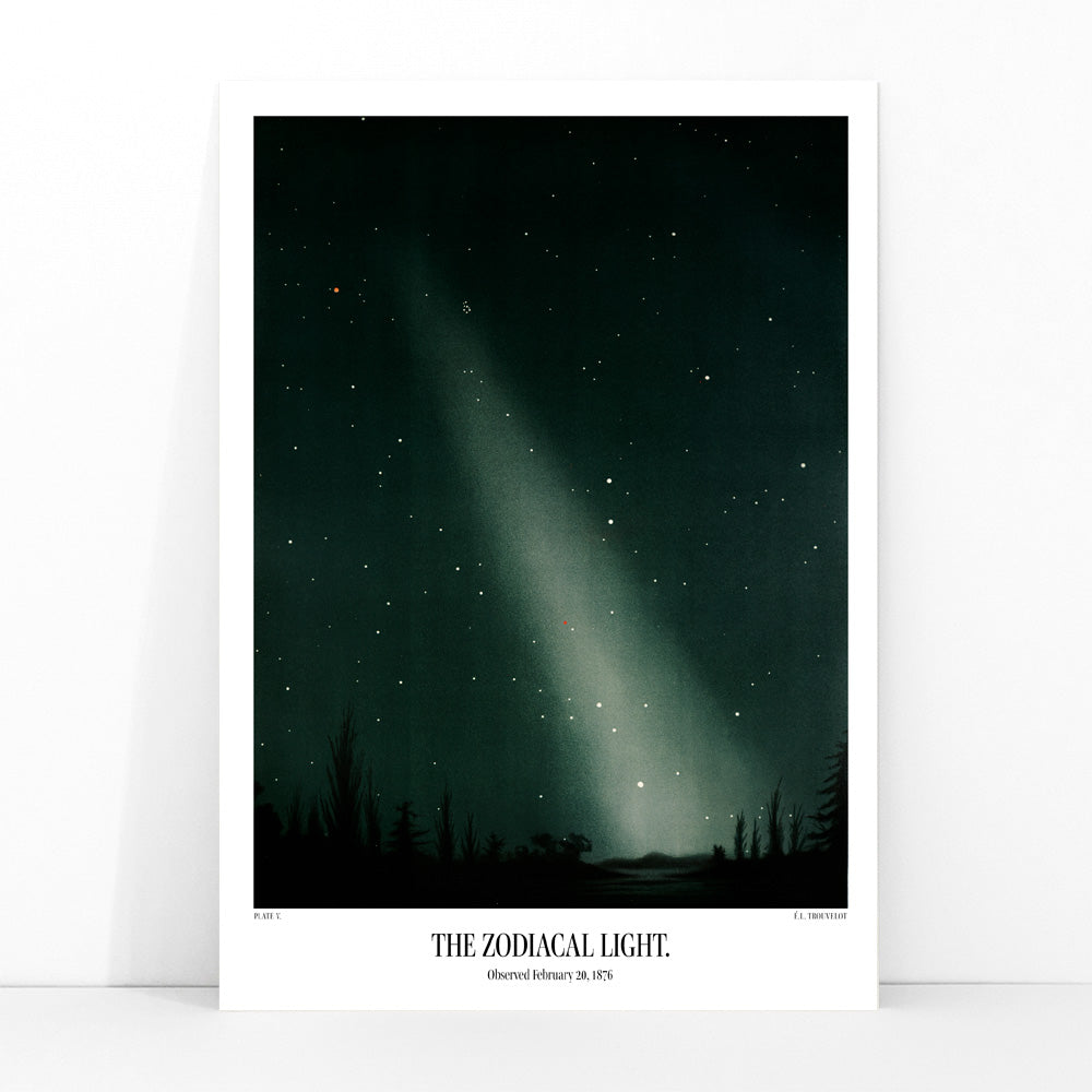 Night sky with zodiacal light and stars by E L Trouvelot poster featuring luminous band and silhouetted trees, framed and displayed in modern living room decor