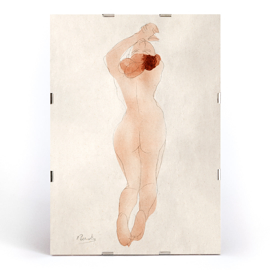 Watercolor sketch and poster of nude woman with red hair arms raised titled Caresse moi donc cheri by Auguste Rodin, framed and displayed in modern living room decor