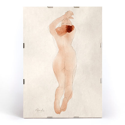 Watercolor sketch and poster of nude woman with red hair arms raised titled Caresse moi donc cheri by Auguste Rodin, framed and displayed in modern living room decor