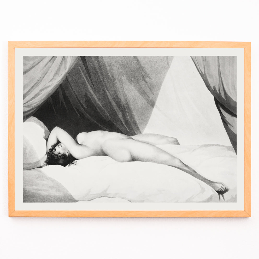 Closeup detail of Nude woman reclining on curtained bed in artwork and poster Nude Reclining on Curtained Bed by William Holland with draped curtains in background