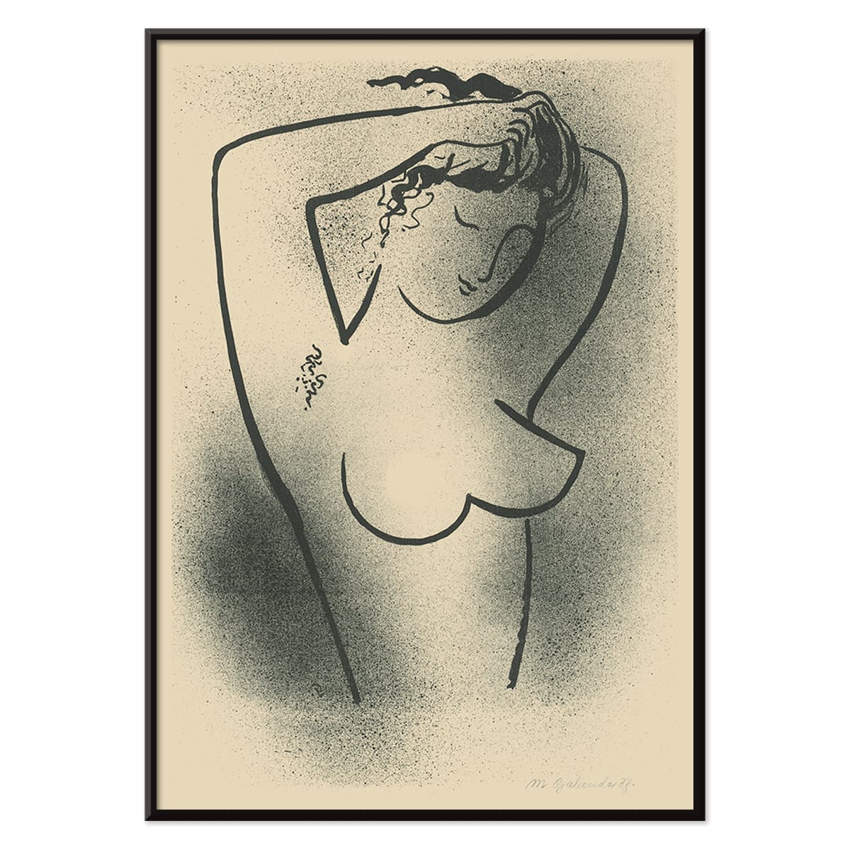 Minimalistic line art poster of a nude woman adjusting her hair by Mikulas Galanda titled Toaleta, with black aluminium frame on white background