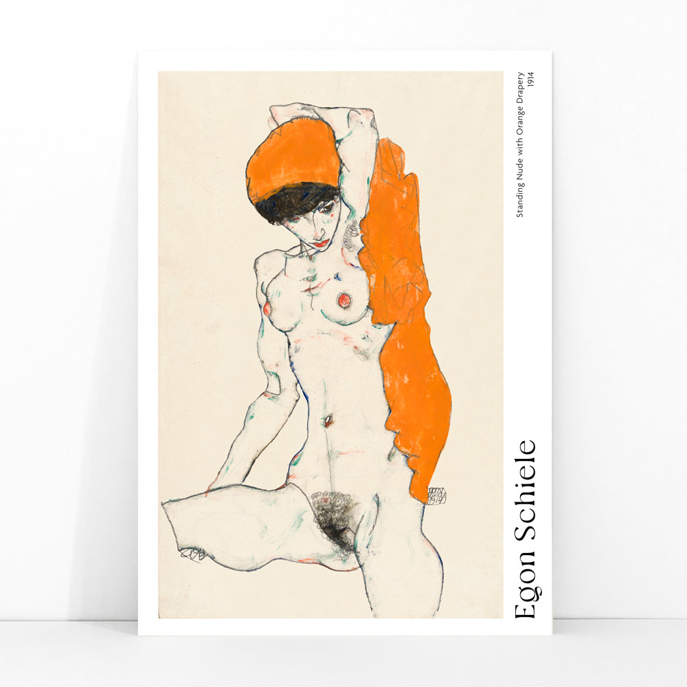 Standing Nude with Orange Drapery by Egon Schiele poster showing a nude woman with orange drapery on her head and side, framed and displayed in modern living room decor