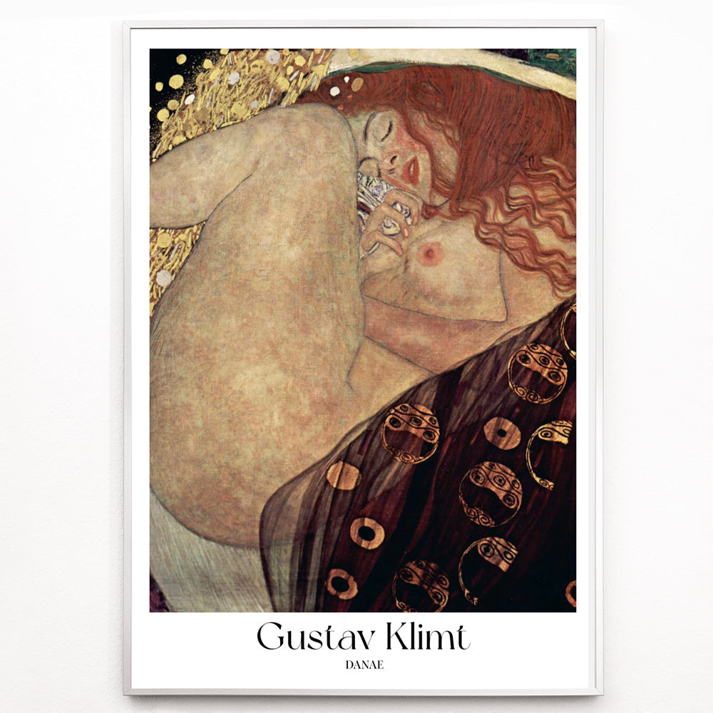 Closeup detail of Danae by Gustav Klimt sensual reclining woman artwork in golden tones with rich decorative brown elements poster