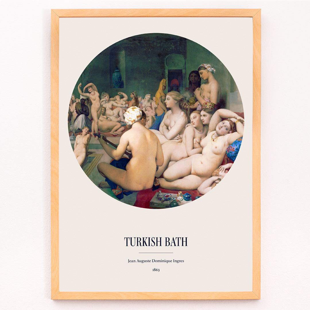 Closeup detail of Poster of The Turkish Bath by Jean Auguste Dominique Ingres showing nude women lounging in a luxurious bathhouse setting