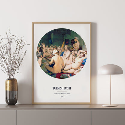Poster of The Turkish Bath by Jean Auguste Dominique Ingres showing nude women lounging in a luxurious bathhouse setting, framed and displayed in home decor