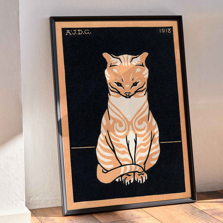 Julie de Graag Orange Seated Cat poster with striped tabby, pale chest and curled tail on black background, framed and displayed in modern living room decor