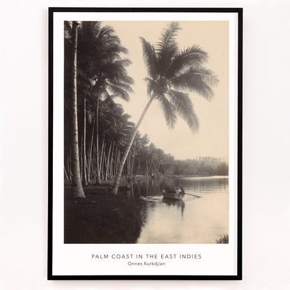 Closeup detail of Palm trees and rowboat on river scenic landscape Palm Coast East Indies artwork by Onnes Kurkdjian poster