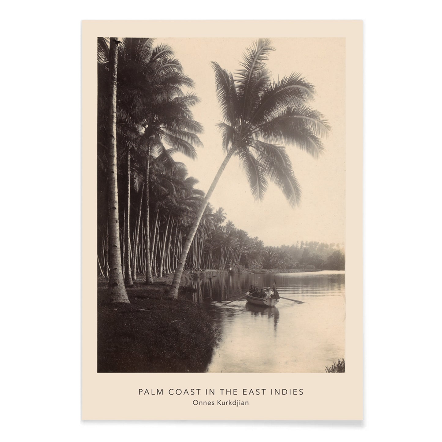 Palm trees and rowboat on river scenic landscape Palm Coast East Indies artwork by Onnes Kurkdjian poster, with black aluminium frame on white background