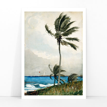 Windy tropical beach with palm trees and ocean by Winslow Homer featuring Palm Tree Nassau and lighthouse in the background, framed and displayed in modern living room decor