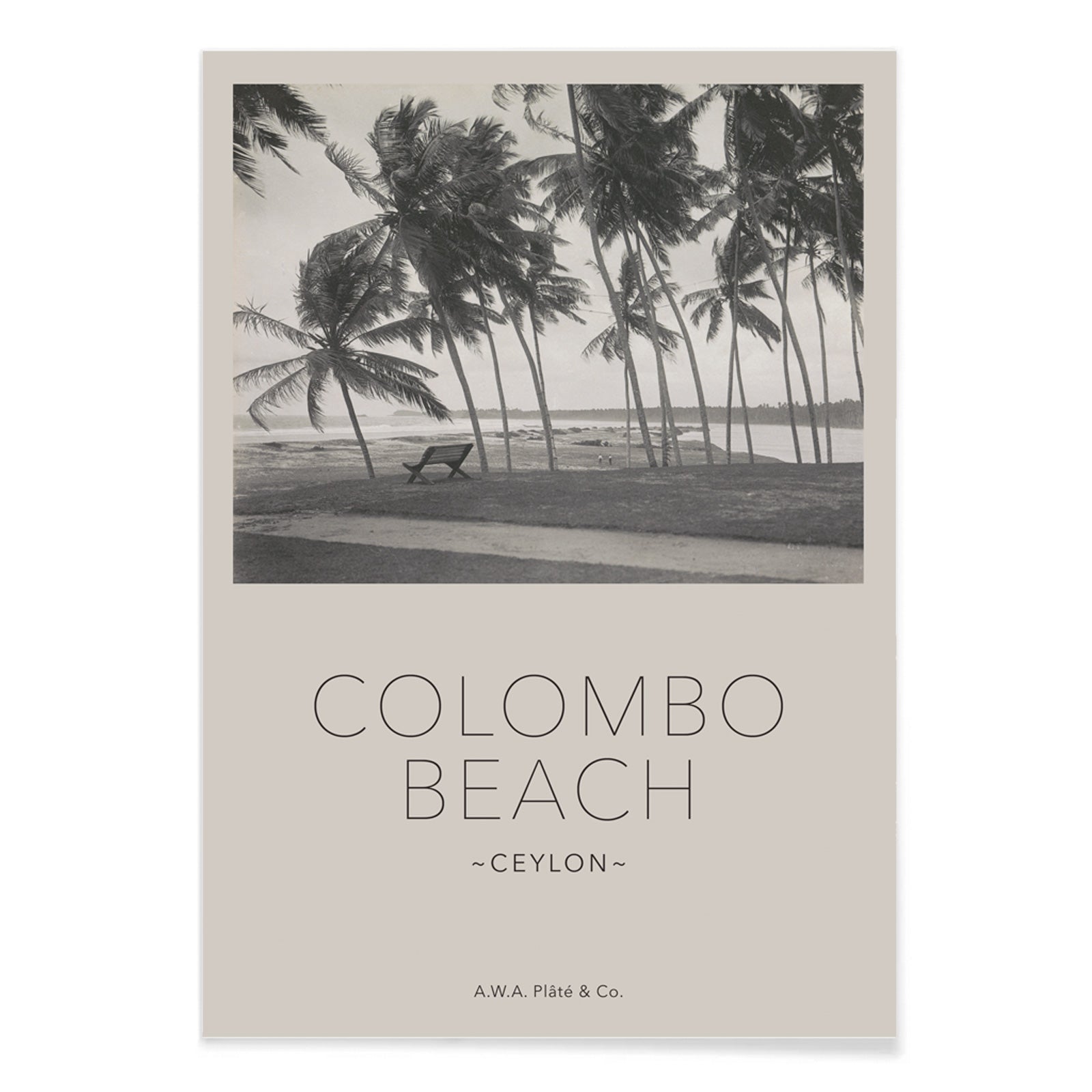 Colombo Beach Ceylon poster with palm trees and empty bench artwork by AWA Plate and Co ideal for wall decor and travel themes, with black aluminium frame on white background