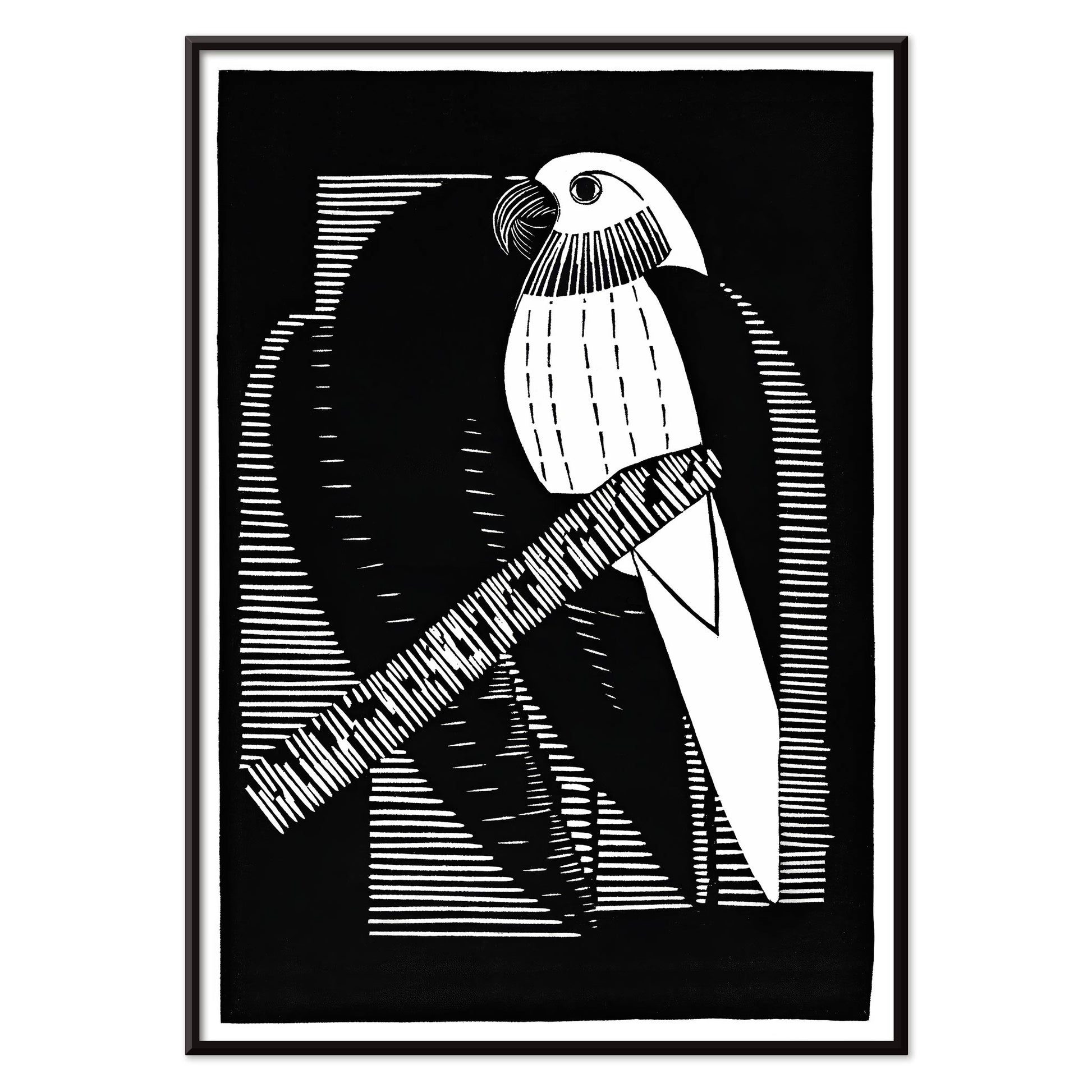 Black and white geometric parakeet artwork by Samuel Jessurun de Mesquita titled Parakeets Parkieten poster featuring parakeet on branch, with black aluminium frame on white background