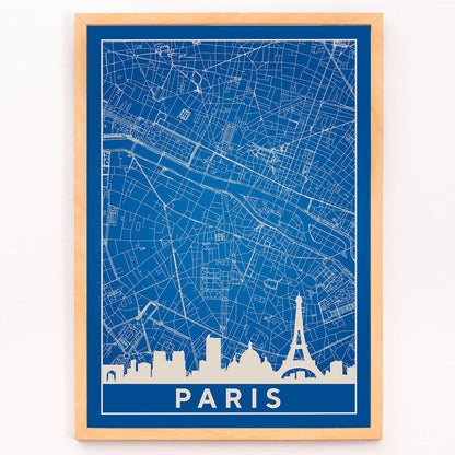 Minimalist Paris city map artwork and poster featuring detailed blue and white map with Eiffel Tower and prominent Paris landmarks, framed and displayed in modern living room decor
