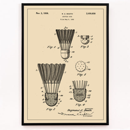 Closeup detail of Shuttle Cock patent illustration and poster by R C Booth featuring detailed technical badminton shuttlecock diagrams and artwork