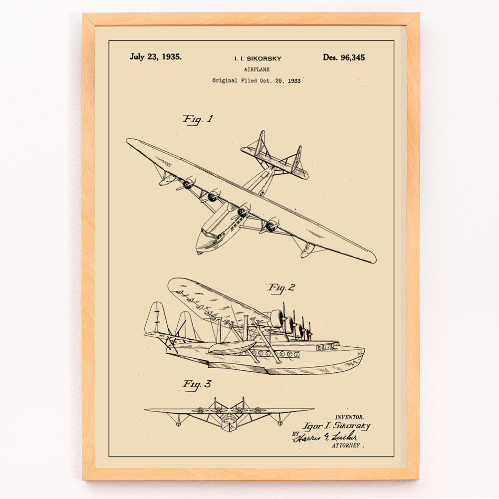 Closeup detail of Detailed technical drawing and poster of a seaplane airplane patent by Igor I Sikorsky featuring multiple views and aircraft design sketches