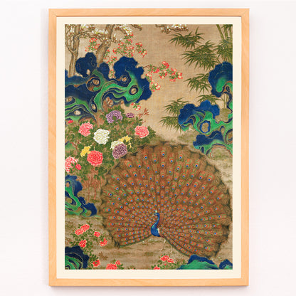 Closeup detail of Vibrant Chinese peacock with colorful flowers classic artwork poster perfect for wall decor