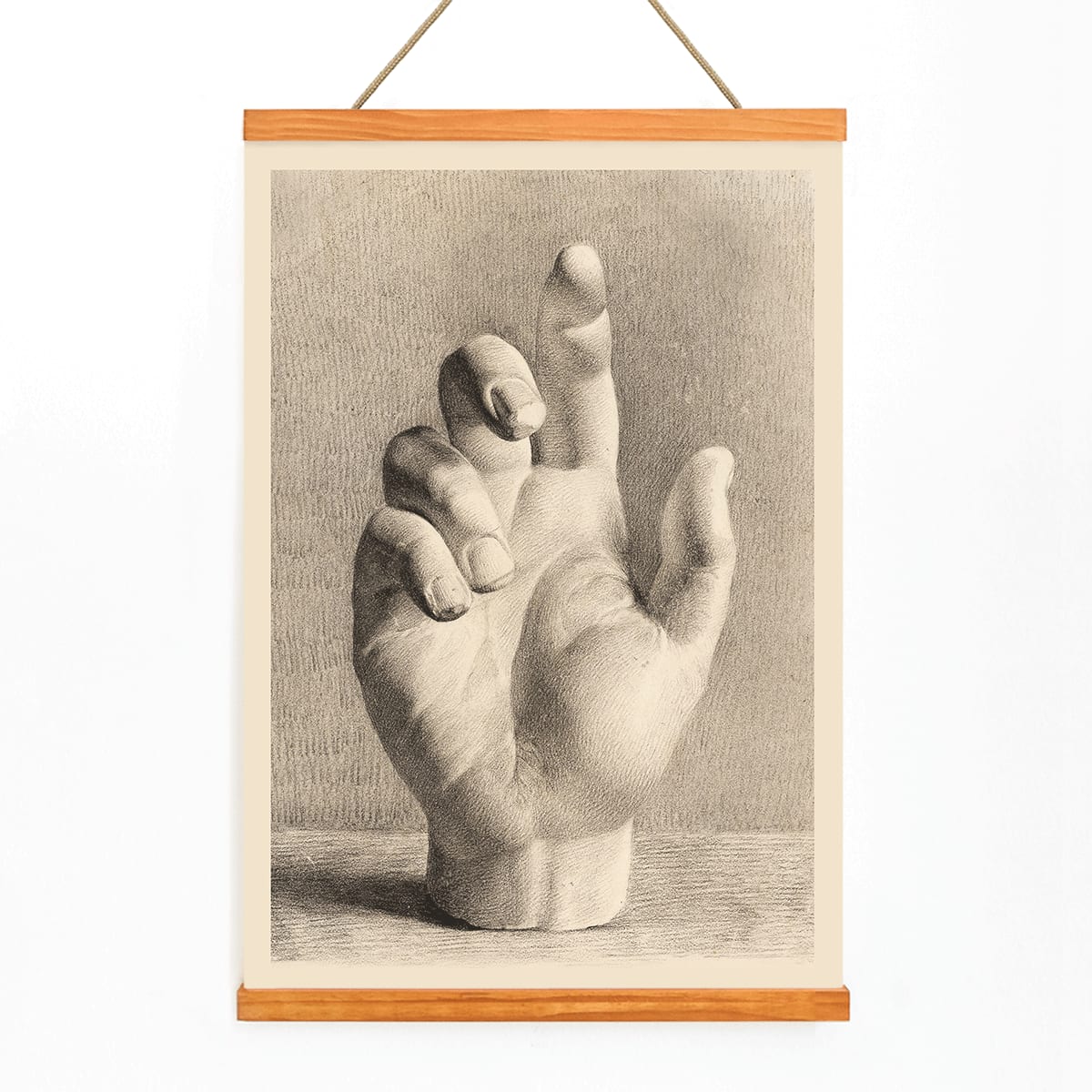 Poster of a detailed pencil drawing of a sculpted raised hand by Dankvart Dreyer titled A Hand Drawn After Plaster, with wooden magnetic frame on white background