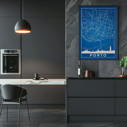 Minimalist blue map of Porto framed poster with white lines modern wall art, framed and displayed in home decor