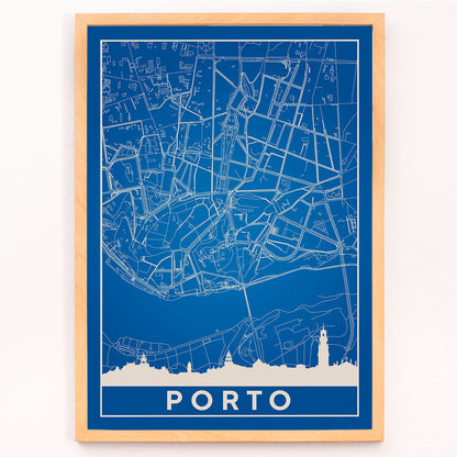 Minimalist blue map of Porto framed poster with white lines modern wall art, framed and displayed in modern living room decor