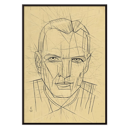 Line drawing and poster of a mans face by Karl Wiener titled Porträt featuring geometric angular portrait details, with black aluminium frame on white background