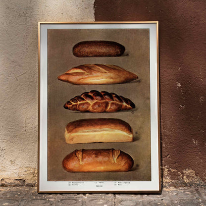 Vintage illustration and poster of assorted bread loaves from The Grocers Encyclopedia classic artwork, framed and displayed in home decor
