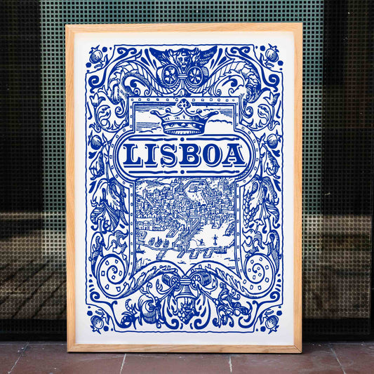 Artistic depiction and poster of Lisbon cityscape in blue and white azulejos with ornate designs titled Lisbon Azulejo Blue painted tile 2, framed and displayed in home decor