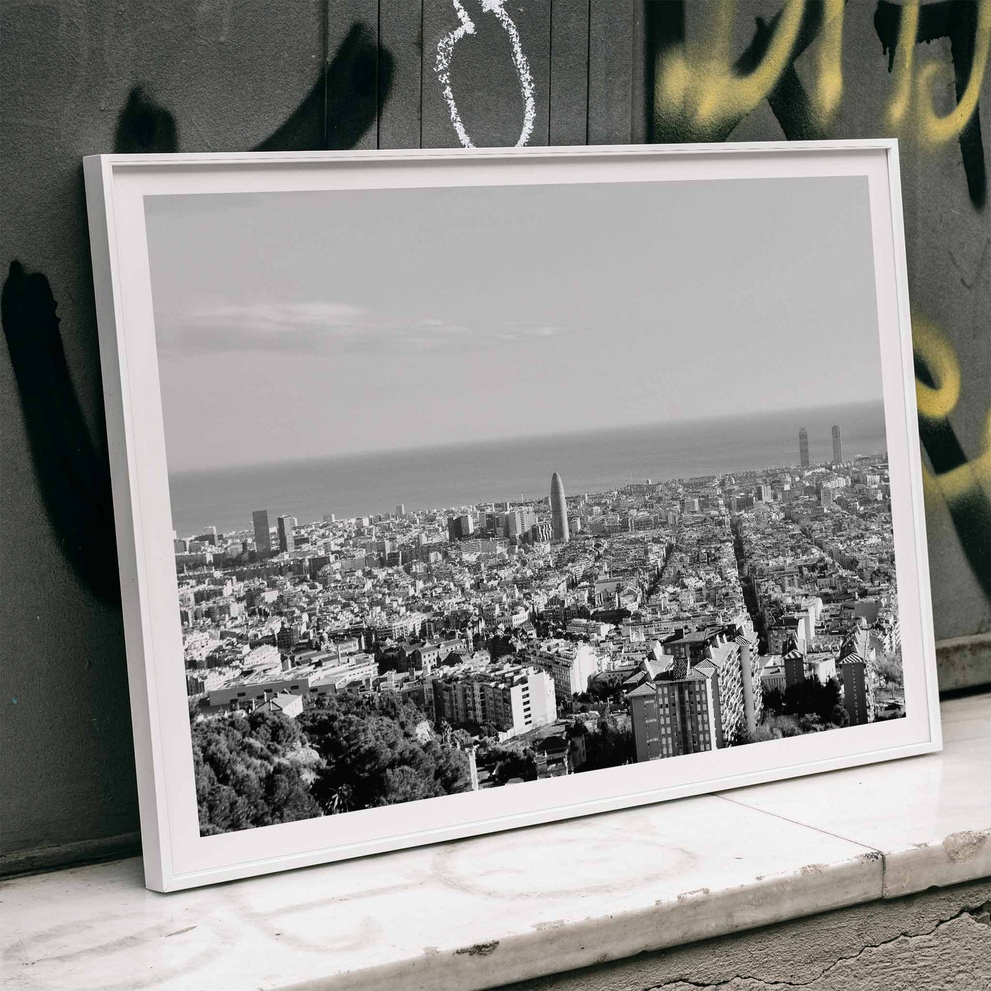 Black and white cityscape photography artwork of Barcelona with sea by Gustav Klimt and Anonymous titled View of Barcelona, framed and displayed in home decor