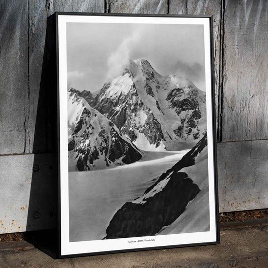 Snow covered mountain landscape by Vittorio Sella Staircase vue prise au dessus du glacier Godwin Austen poster artwork, framed and displayed in home decor