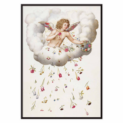 Angel or cherub with wings sitting on a cloud scattering flowers La Guirlande de Julie illustration artwork poster, with black aluminium frame on white background