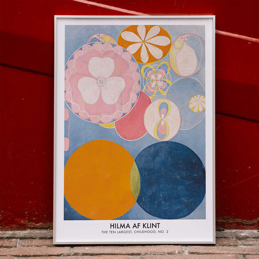 Colorful abstract circles and floral patterns from The Ten Largest Childhood series by Hilma AF Klint, framed and displayed in home decor