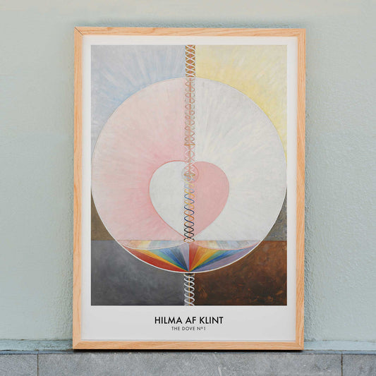 Abstract geometric spiritual art poster with pastel colors and shapes from The Dove by Hilma af Klint modern wall decor, framed and displayed in home decor