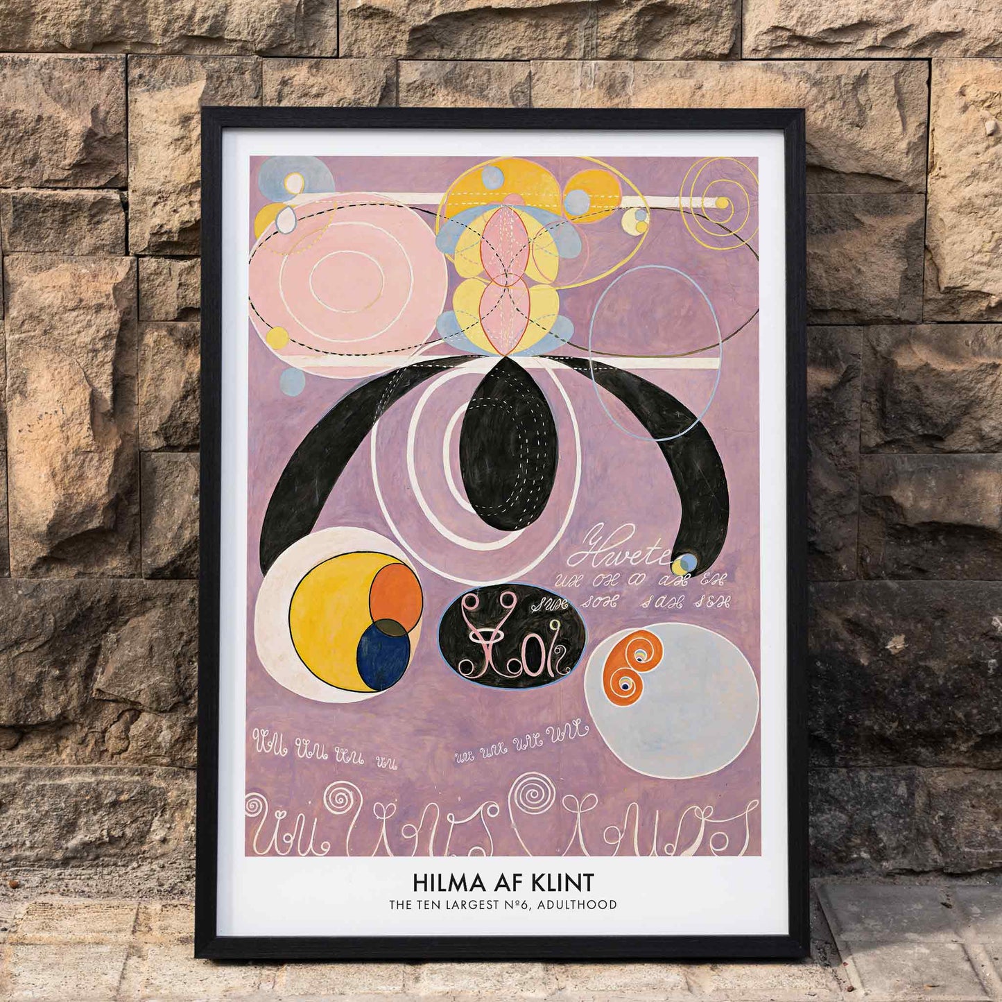 Abstract colorful pastel shapes and spirals artwork from The Ten Largest No 6 by Hilma af Klint poster, framed and displayed in home decor