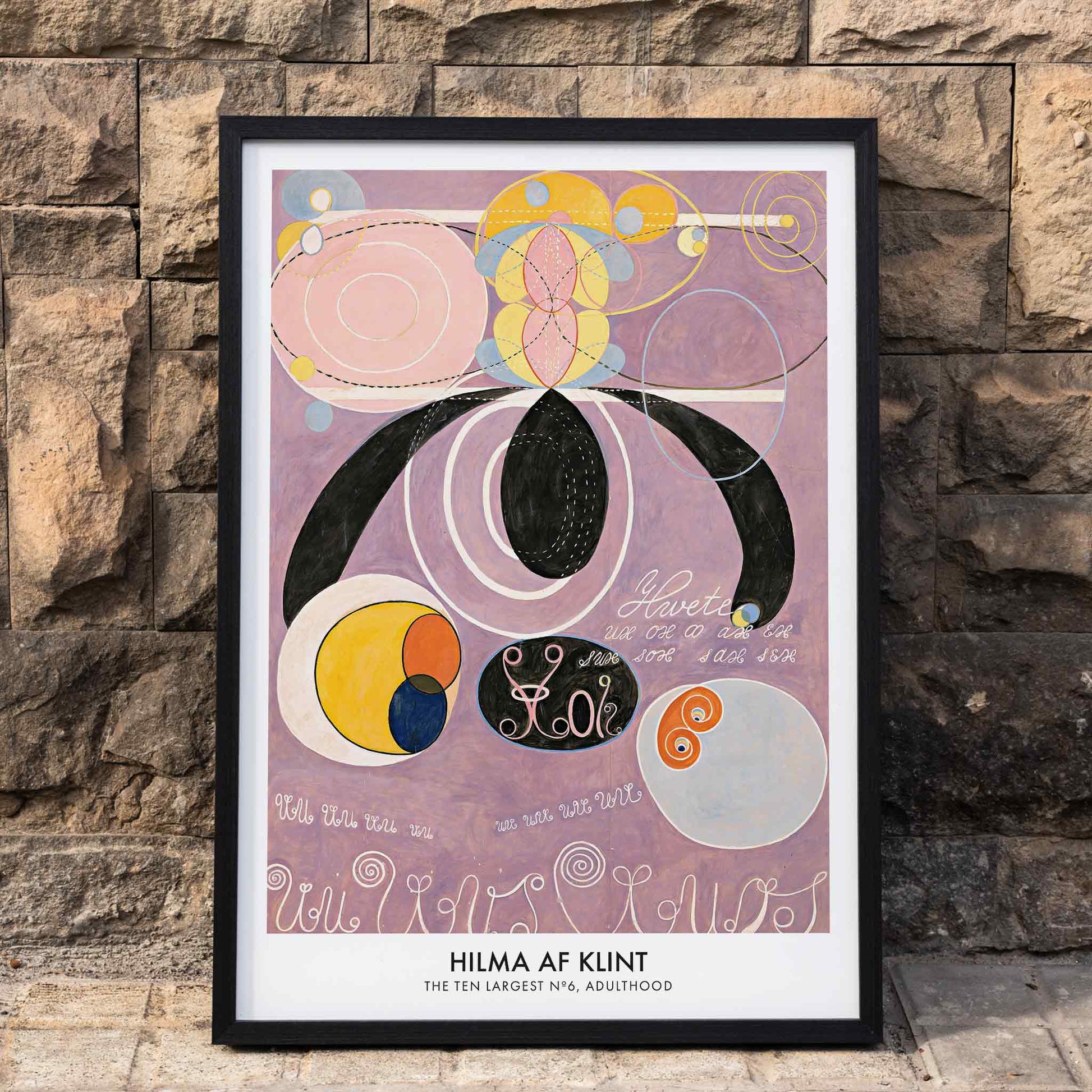 Abstract colorful pastel shapes and spirals artwork from The Ten Largest No 6 by Hilma af Klint poster, framed and displayed in home decor