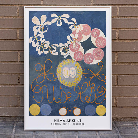 Abstract floral patterns and swirling shapes with vibrant colors on a blue background poster by Hilma af Klint Childhood Group IV, framed and displayed in home decor