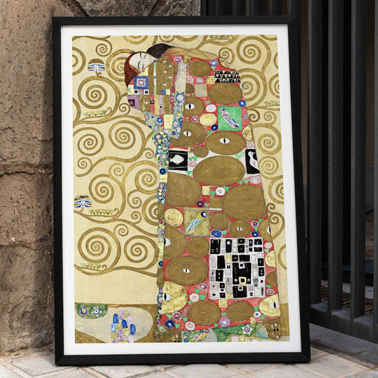 Fulfillment by Gustav Klimt vibrant embrace poster with intricate figures colorful patterns and swirling golden backgrounds, framed and displayed in home decor