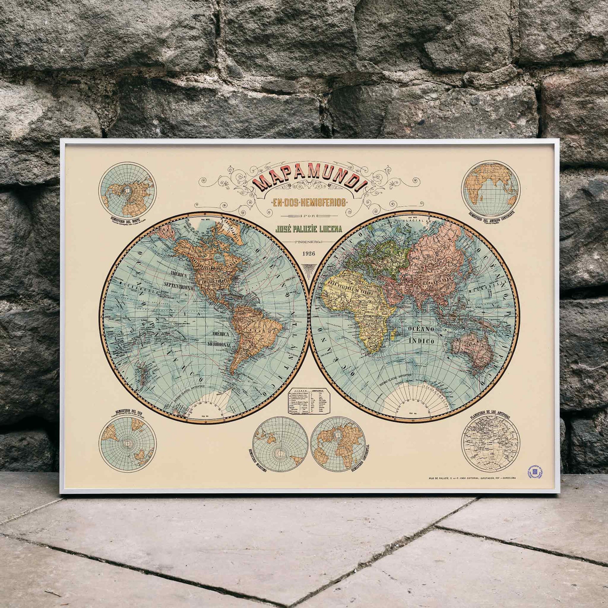 Vintage world map Mapamundi by Paluzie Lucena Josep showing two hemispheres with detailed geography and geographic features poster, framed and displayed in home decor