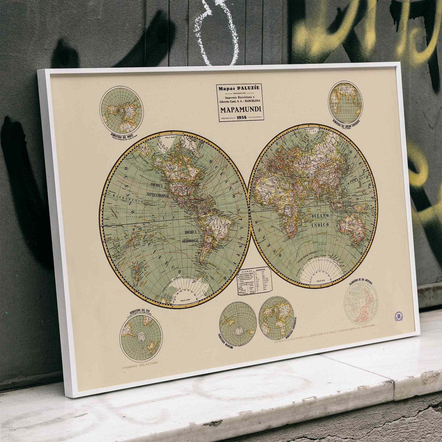 Vintage world map Mapamundi 2 by Paluzie Lucena Josep with detailed continents and country borders illustration poster, framed and displayed in home decor