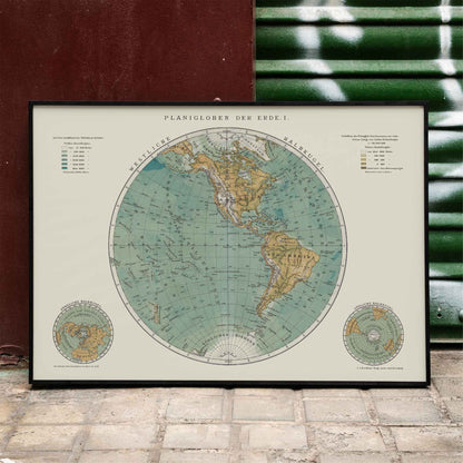 Vintage world map artwork and detailed continents poster Planiglobes of the Earth I by The Institute of Liepzig, framed and displayed in home decor