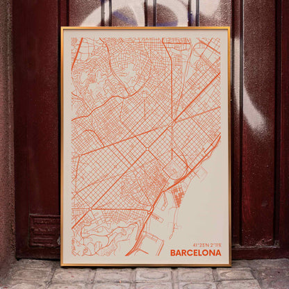 Minimalist map of Barcelona by Moryarty featuring red lines on a beige background poster, framed and displayed in home decor